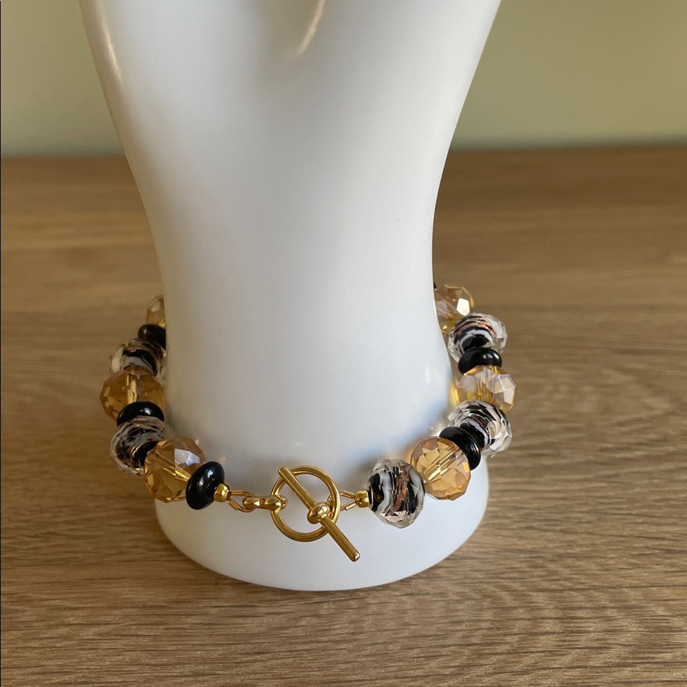 HAND CRAFTED BEADED BRACELET Elegant Black & Gold Faceted Crystal Beaded Glam - Picture 8 of 15